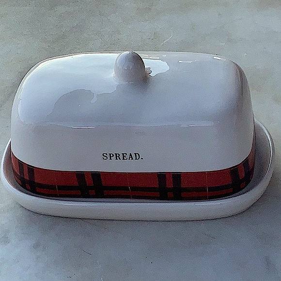 RAE DUNN SPREAD COVERED BUTTER DISH RED BLACK PLAID BAND 1 1/4TH LB 2PC - Picture 10 of 10